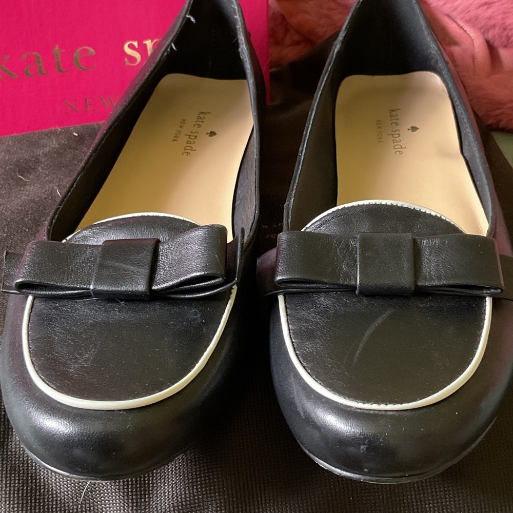 Kate Spade Black Leather Loafers with Bow and White Trim